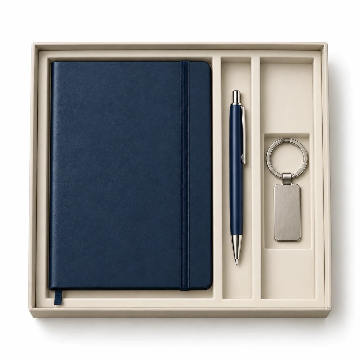 Trio elastisch notitieboek, pen en sleutelhanger