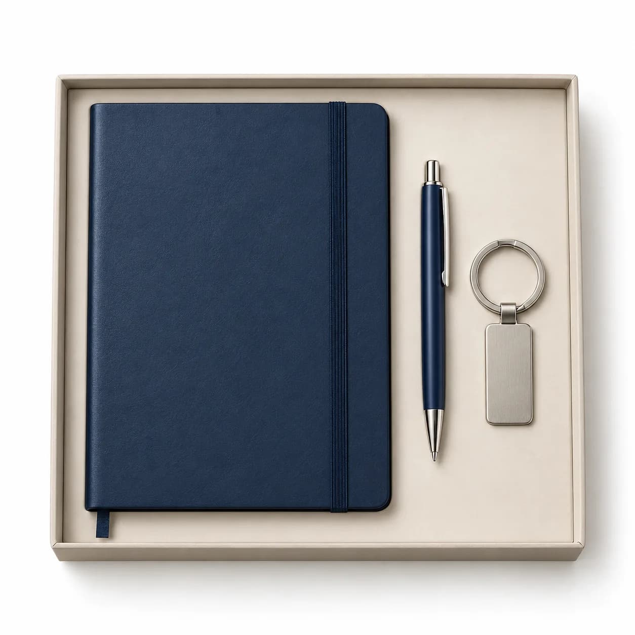 Trio elastisch notitieboek, pen en sleutelhanger – afbeelding 1