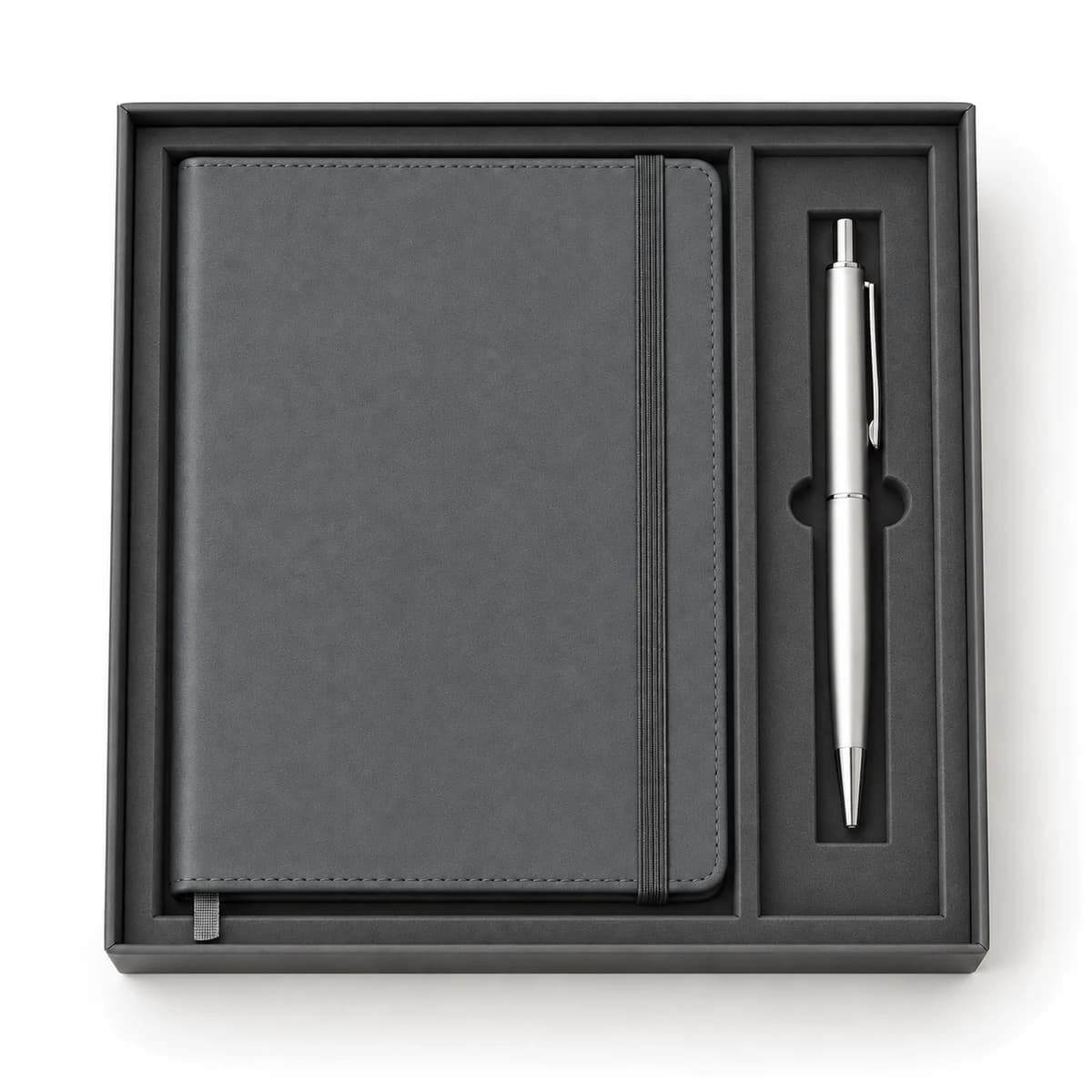 Grijs notitieboek en klikpen pakket
