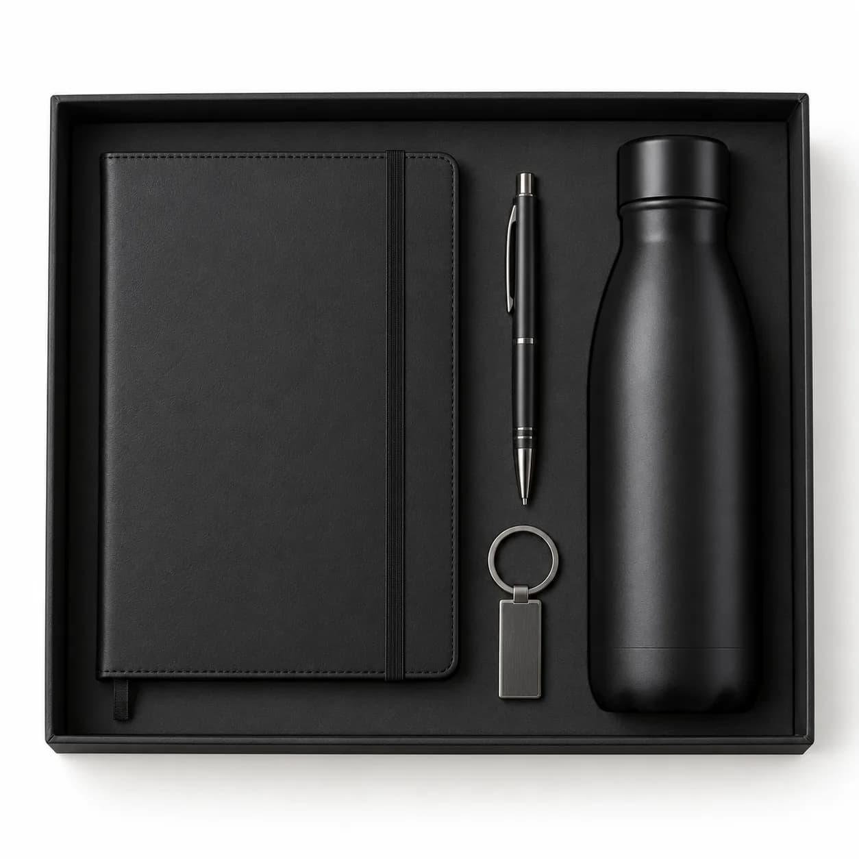 Set notitieboek, pen, sleutelhanger en fles