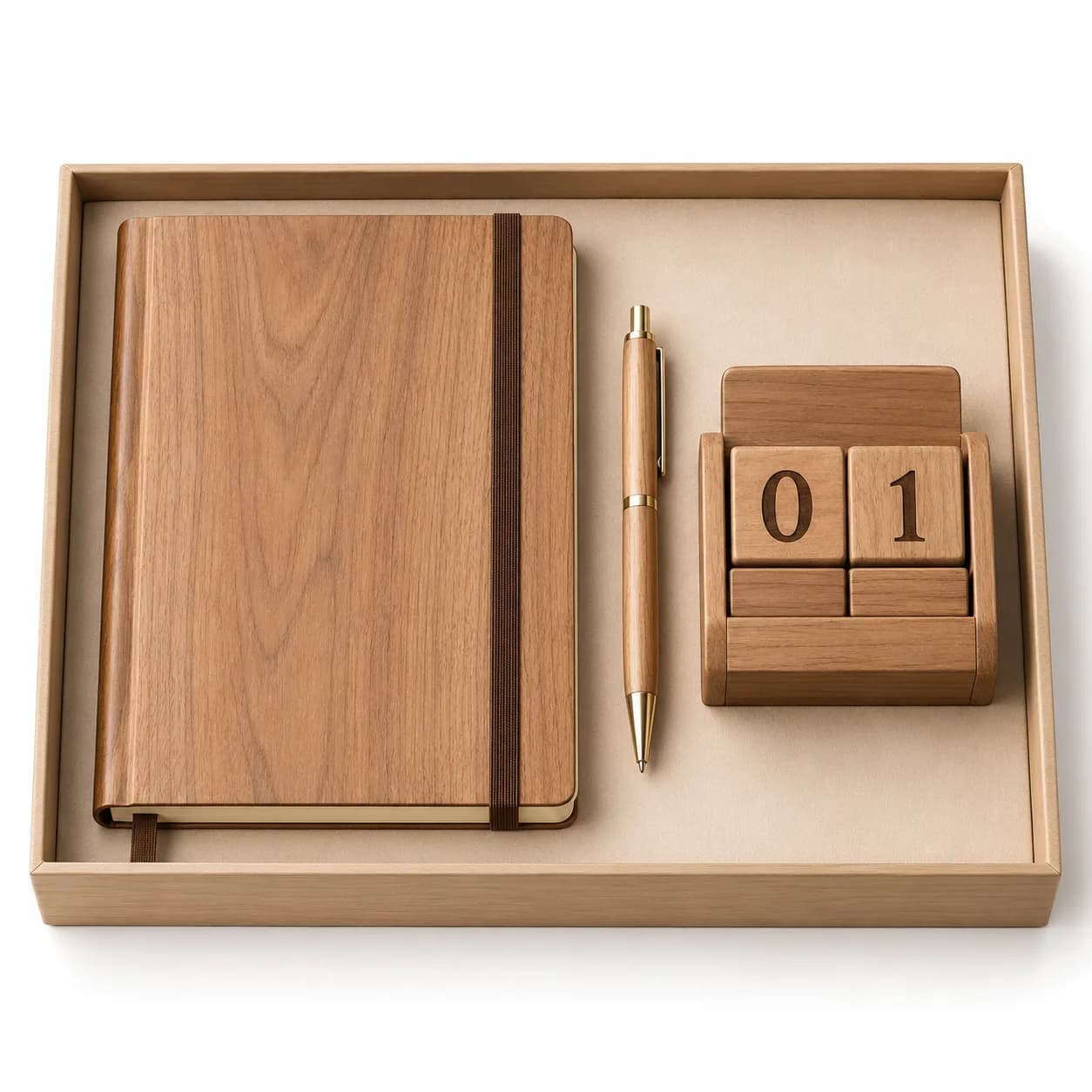 Set houten agenda, pen en kalender