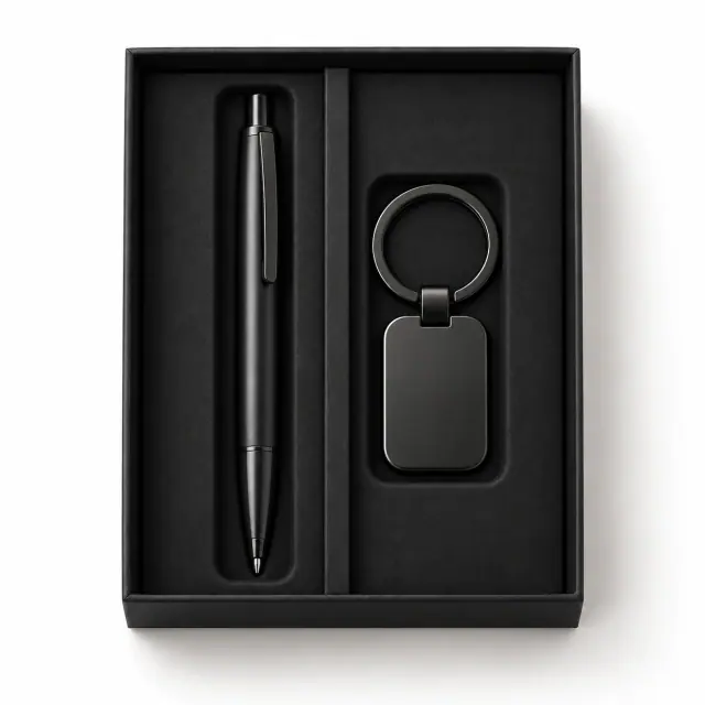 Zwarte klikpen en sleutelhanger set