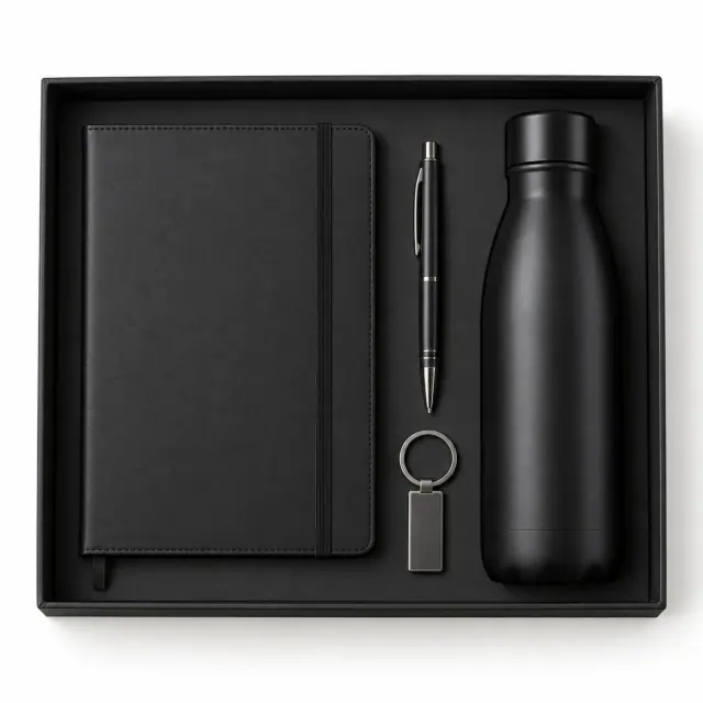 Set notitieboek, pen, sleutelhanger en fles