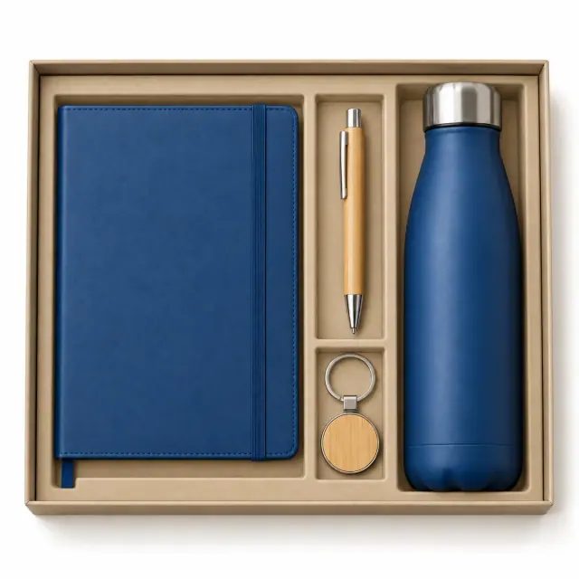 Blauw pakket met houtaccenten